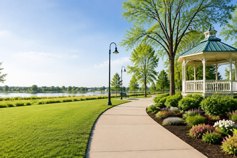 Lions Club Park lakeside path and gazebo in the morning