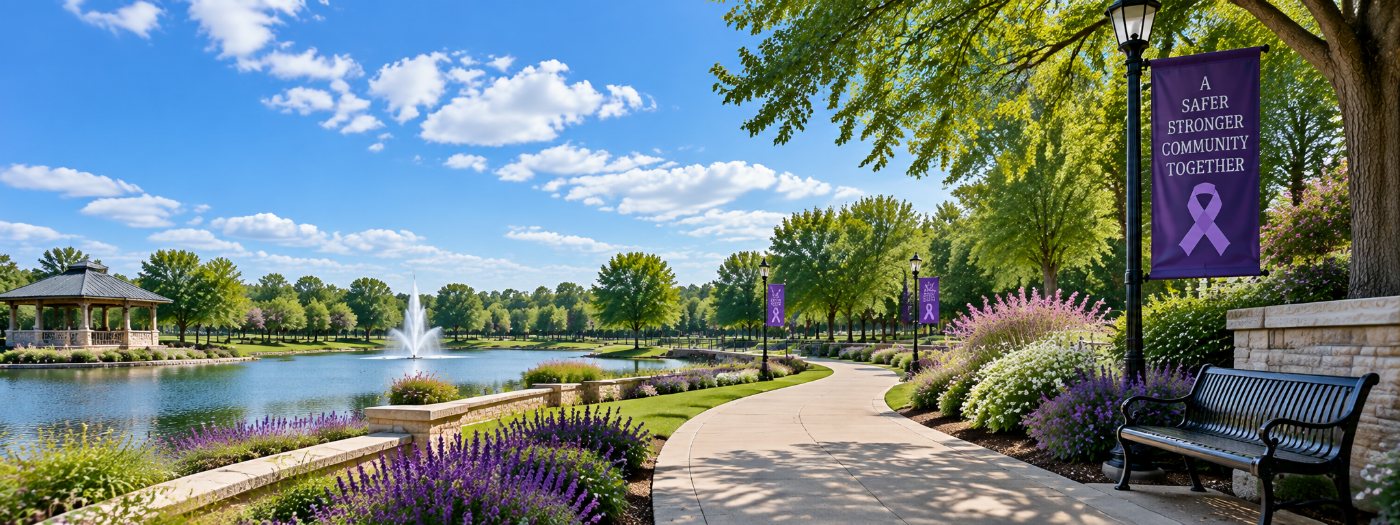 Lions Club Park lakeside path with purple awareness banners reading A Safer Stronger Community Together